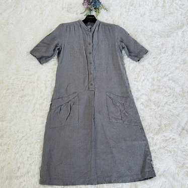 MARGARET HOWELL WIDE STRIPE LINEN　DRESS Margaret Howell Big Collar Dress Soft Cotton Silk Navy