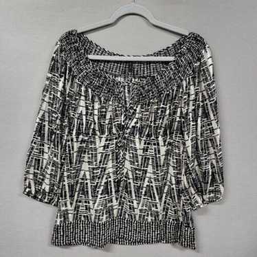 BCBG Maxazria Top Small 100% Silk Smocked Neck Geo