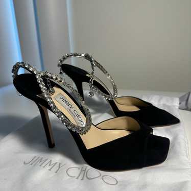 靴 JIMMY CHOO Saeda100 BLACK Saeda 100 | Black Suede Pumps with Crystal Embellishment