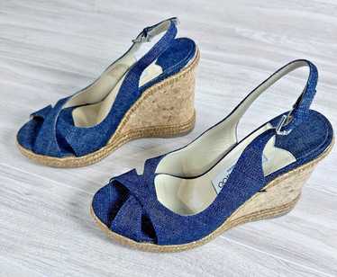【JIMMY CHOO】Kiara Wedge 80-Oden-Denim/Milk ★関税送料込み Kiara Wedge 80 | Denim Wedge Sandals | New Collection| JIMMY