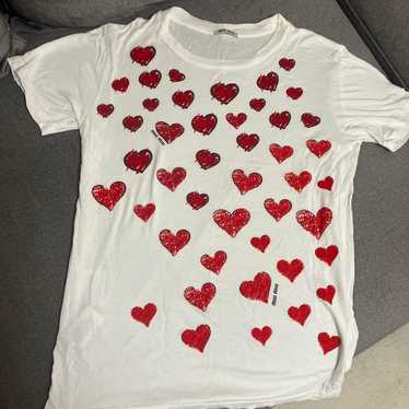 【美品】Miu Miu ミュウミュウ ハート柄 Tシャツ 白 Mサイズ miu miu ミュウミュウ 半袖Tシャツ 襟 ハート レース 刺繍