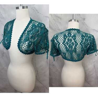 VTG 2000s Y2K Teal Cropped Bolero Shrug Crochet K… - image 1