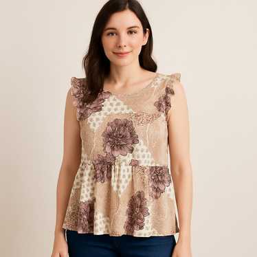 Maurices Top Womens Large Beige Purple Floral Ruf… - image 1
