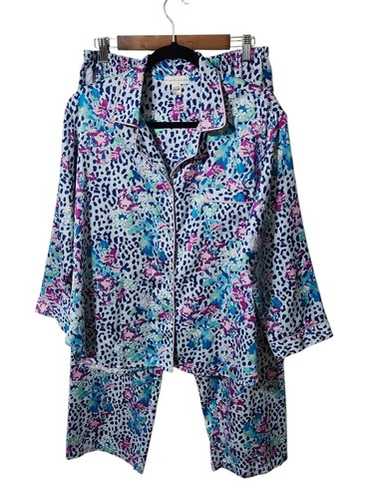 Miss Elaine Sliky Pajama Set Top Pants Blue Paisl… - image 1