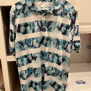 Golf wang シャツ ツイード ブルー 襟付き シャツ 半袖 RM)【LUXE/R GOLF】ストレッチ クロス オープンカラー 半袖