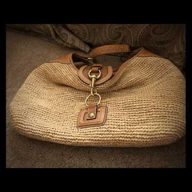 バッグ Coach Legacy Buckle Straw Shoulder Bag COACH Legacy Natural Woven Straw White Leather Trim Boho