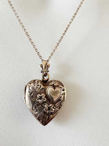 Art Deco Sterling Silver Heart Locket Pendant Nec… - image 1