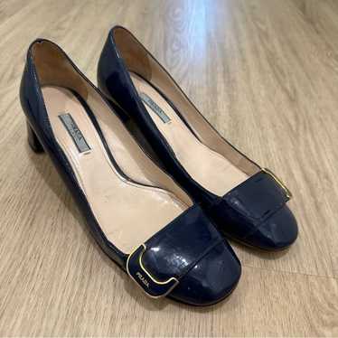 【K】PRADA Leather Low Heels Prada Black Patent Leather Low Heel Pumps Shoes w Silver