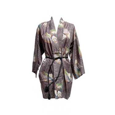 1970's Japanese Demon Mask Grey Kimono Robe - image 1