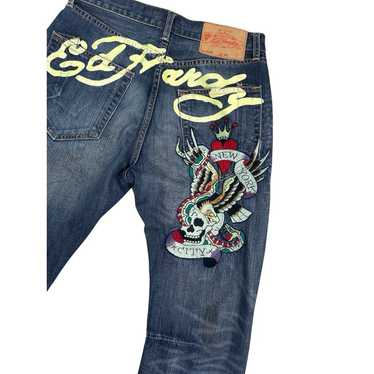 Christian Audigier スタッズ ウォッシュ 刺繍 レザー デニム Rare Christian Audigier Embroidered Dagger & Rose Logo Jeans