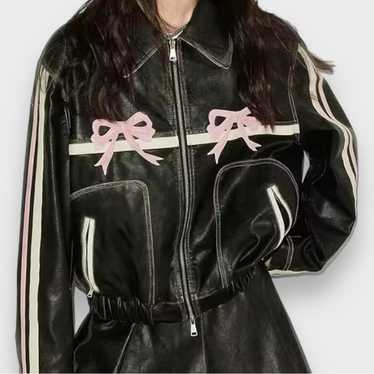 Source Unknown Black Leather Jacket With Pink Acc… - image 1
