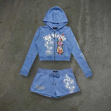 ED HARDY フード付き　ベロア　半袖　M ネイビー　y2k アーカイブ ED HARDY フード付き ベロア 半袖 M ネイビー y2k アーカイブ