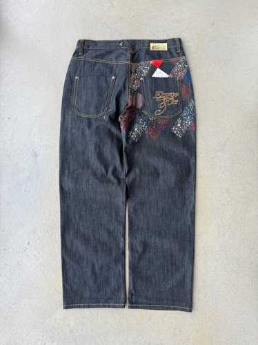 USA 古着 ENYCE デニムパンツ buggy ワイド 極太 刺繍 Y2K 90s DELF 極太 刺繍 ブラック ワイド デニム バギーパンツ y2k