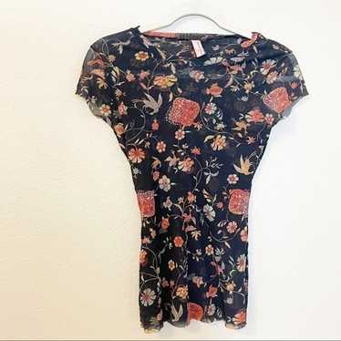 Vintage Y2K Mesh Top Black Floral USA XS