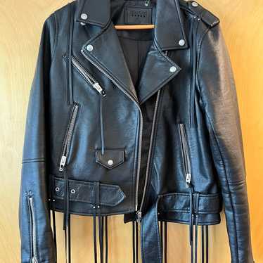 FRINGE FAUX LEATHER ジャケット G by Giuliana Black Label Faux Leather Graphic Fringe Jacket