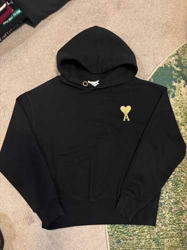 ★【AMI PARIS】 Big Heart Logo Wool Knit Hoodie Black★ AMI Men's Large A Heart Knitted Popover Hoody in Black/Red AMI