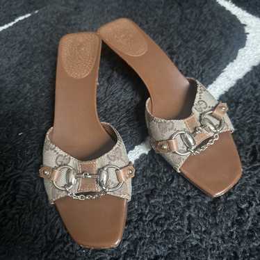 靴 Vintage Gucci Monogram Mules 37 Vintage Gucci GG Black Monogram Canvas Mules Heels 90s