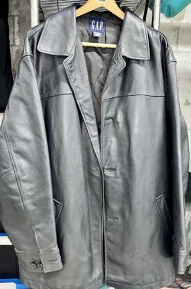 【OLD GAP】90s Leather Car Coat Vintage Gap Car Coat Leather Jacket Quilted Black Mens Large