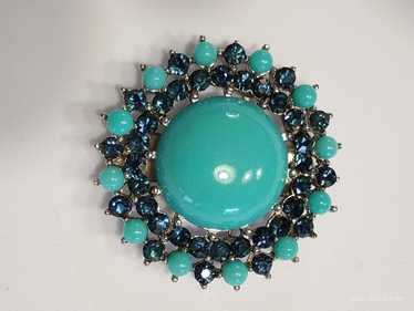 CROWN TRIFARI☆初期☆注ぎガラス☆ターコイズブルーフラワーブローチ Trifari brooch flower blue - Gem