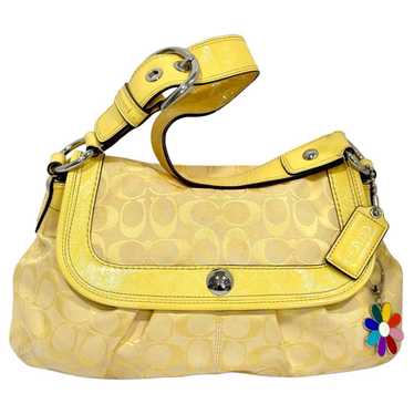 バッグ Coach Signature Hobo Hand Bag Yellow Coach Women Yellow Patent Leather Signature Crinkle Stitch