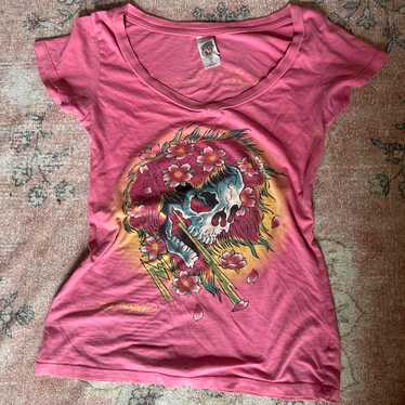 Ed Hardy ピンク Tシャツ バラとスカル y2k Pink Ed Hardy Shirt - Gem