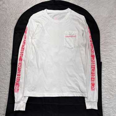 トップス CHROME HEARTS NEON PINK STRIPE LOGO TEE CHROME HEARTS Neon Pink Stripe Logo Tee Print Short Sleeve T