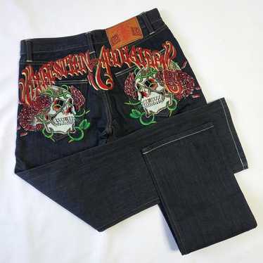 Christian Audigier スタッズ ウォッシュ 刺繍 レザー デニム Christian Audigier スタッズ ウォッシュ 刺繍 レザー デニム