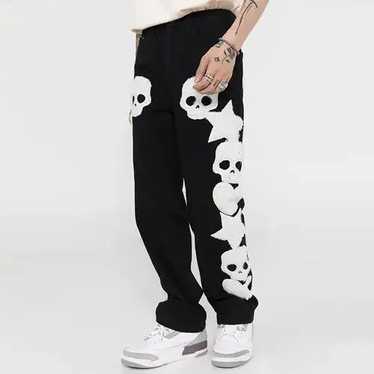 Skull Jeans 黒 ピーコート Printed skull jeans retro street straight black pants loose