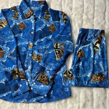 Source Unknown Blue And Leopard Print Button Down… - image 1