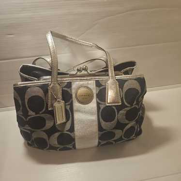 ◎美品◎ COACH スパンコール kisslock パーティバッグ シルバー COACH METALLIC SILVER LEATHER DOUBLE KISSLOCK SATCHEL BEAD