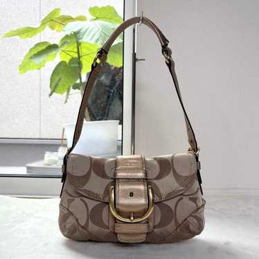 バッグ COACH Flap Soho Signature handbag gold Coach Soho Signature Jacquard Brown Gold Leather Trim Hand