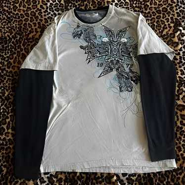 MMA ELITE 長袖 サーマルワッフルプルオーバーシャツ スカルクロスY2K MMA Elite Long Sleeve Shirt Grey Waffle Thermal Y2K Men's