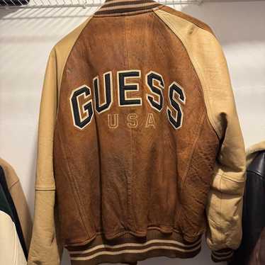 OLD GUESS　アメリカンチーム　袖レザー　刺繍　ヴァーシティージャケット Rare Vintage Brand Guess Leather Varsity Jacket Made in Usa