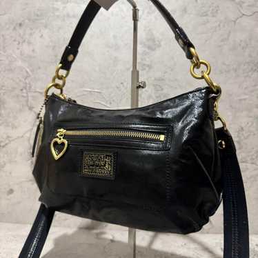 バッグ Coach Daisy Leather Liquid Shoulder Bag COACH NWT Daisy Liquid Gloss Pocket Hobo Bag-Black Pat