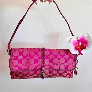 バッグ Coach Signature Demi Leather Pouch Pink COACH Signature Demi Mini Pouch Shoulder Bag Canvas Leather
