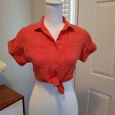 Zara Button up Crop Top Small Red Tie Front Silky… - image 1
