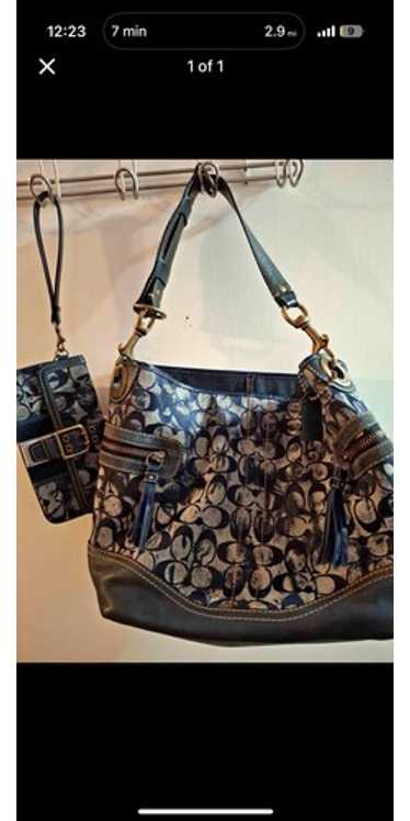 バッグ Vintage Coach Shoulder Bag Denim Leather Vintage Coach Signature Mini Sufflette Denim Shoulder Blue