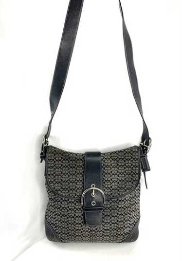 バッグ Coach Signature Flap Studs Shoulder Bag Coach Gray Black Signature Jacquard Leather Buckle Flap