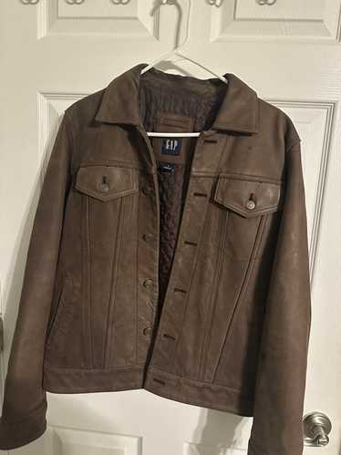 ジャケット・アウター GAP leather jacket brown Vintage 90's Gap Blue Jeans Brown Button-up Leather Jacket