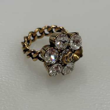 GUCCI クリスタル ダブルG リング フラワー ストーン ゴールド Double G crystal flower ring in antique gold-toned metal