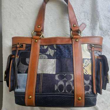 バッグ Coach Hampton Denim Patchwork Satchel Rare Coach Hampton Denim Patchwork Satchel Bag Navy Brown