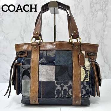 バッグ Coach Hampton Denim Patchwork Satchel Rare Coach Hampton Denim Patchwork Satchel Bag Navy Brown
