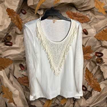 Reba Cream Top W Sequins & Fringe Netted Overlay … - image 1