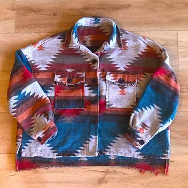 Boho Aztec Multicolored Print Button Front Raw Ed… - image 1