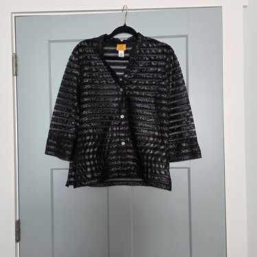 Ruby Rd Black Sheer Burnout Stripe Button Front T… - image 1