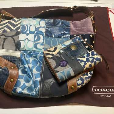 バッグ coach denim patchwork shoulder archive COACH Patchwork Adjustable Shoulder Bag Blue x Brown Denim x