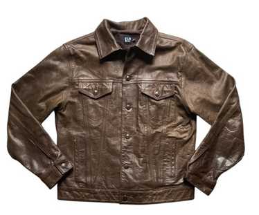 ジャケット・アウター old gap brown leather jackets Vintage 90's Gap Blue Jeans Brown Button-up Leather Jacket