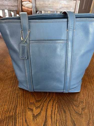 バッグ Vintage Coach Tote Bag Mint Blue Leather VINTAGE COACH SHOULDER TOTE BAG BLUE LEATHER TRIM ZIPPED