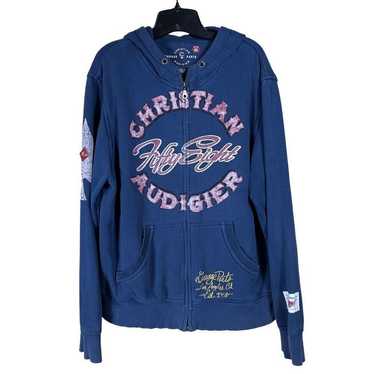 トップス 00s Christian Audigier double zip hoodie VTG CHRISTIAN AUDIGIER FULL ZIP HOODIE WHITE EMBELLISHED