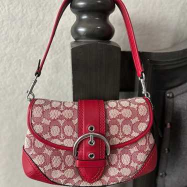 バッグ Coach Soho Red Signature Hand Bag Coach Small Soho Cherry Red Signature C Canvas & Leather Bag